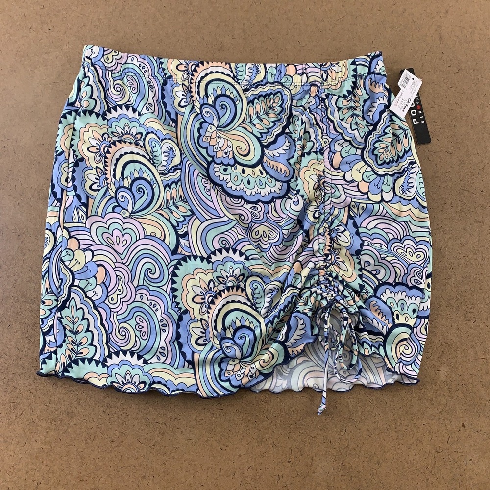POOF New York Women's Size 1X Colorful Printed Ruched Drawstring Mini Skirt NWT